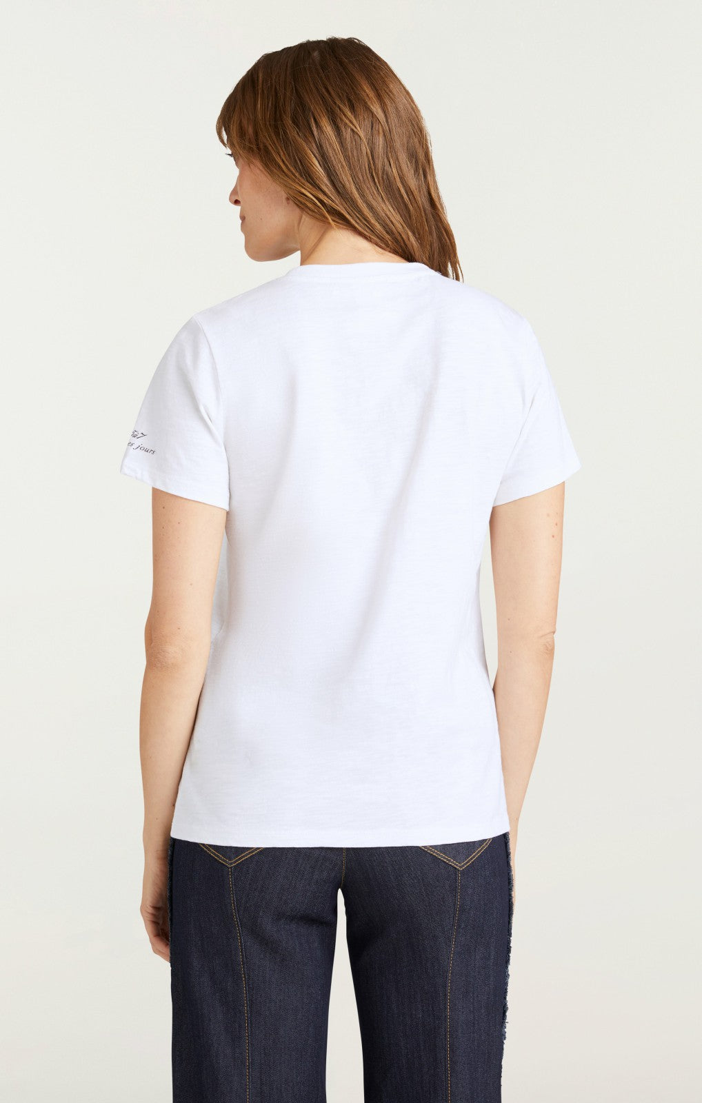 Women Pailette Applique Bonjour Tee White/Multi