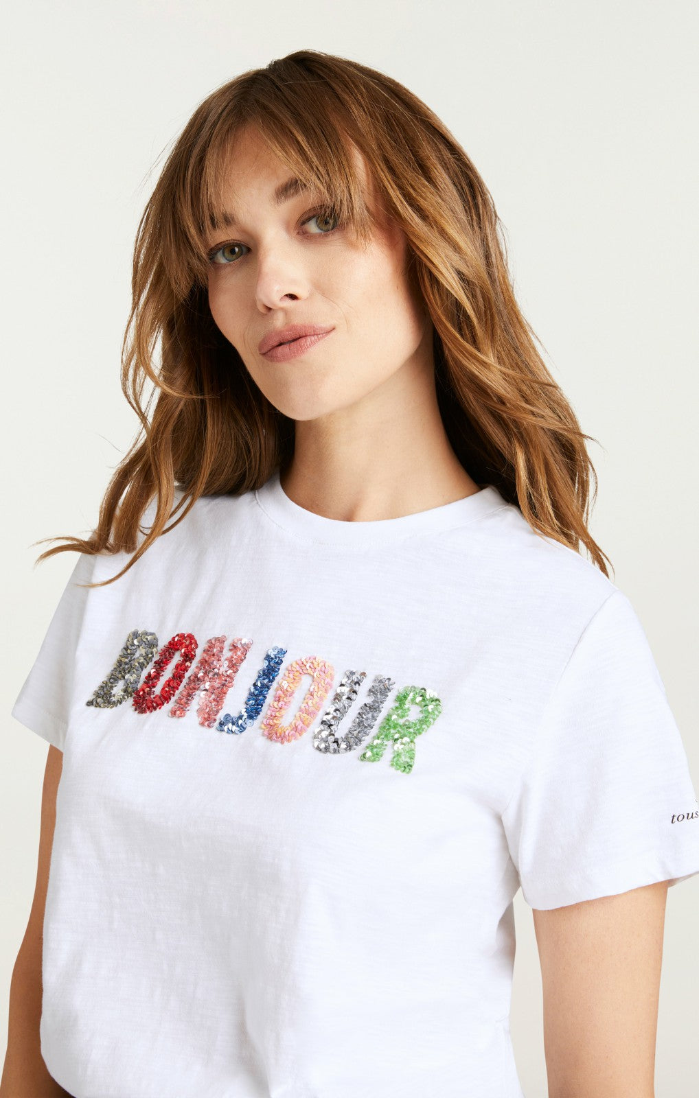 Women Pailette Applique Bonjour Tee White/Multi