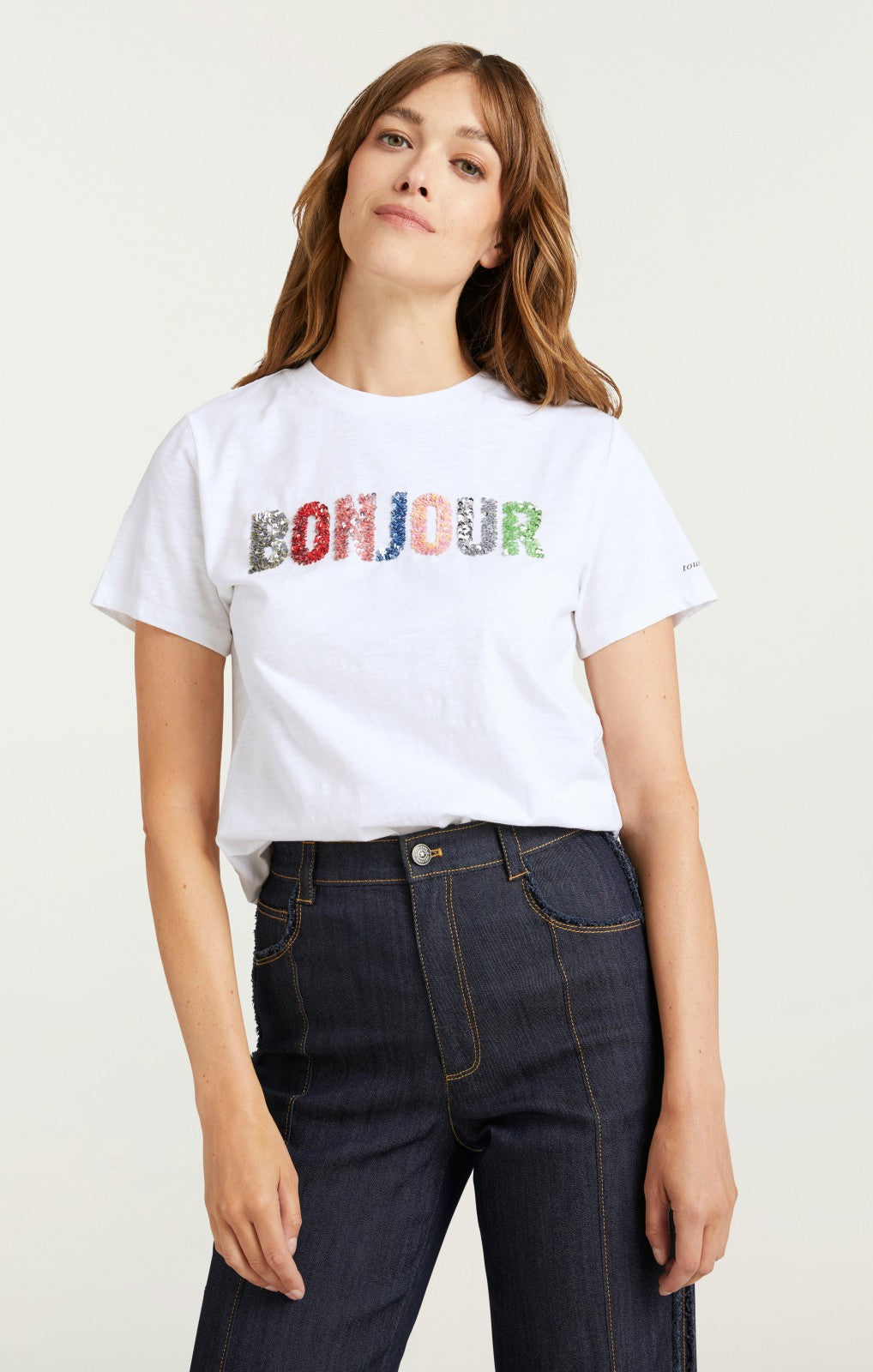 Women Pailette Applique Bonjour Tee White/Multi