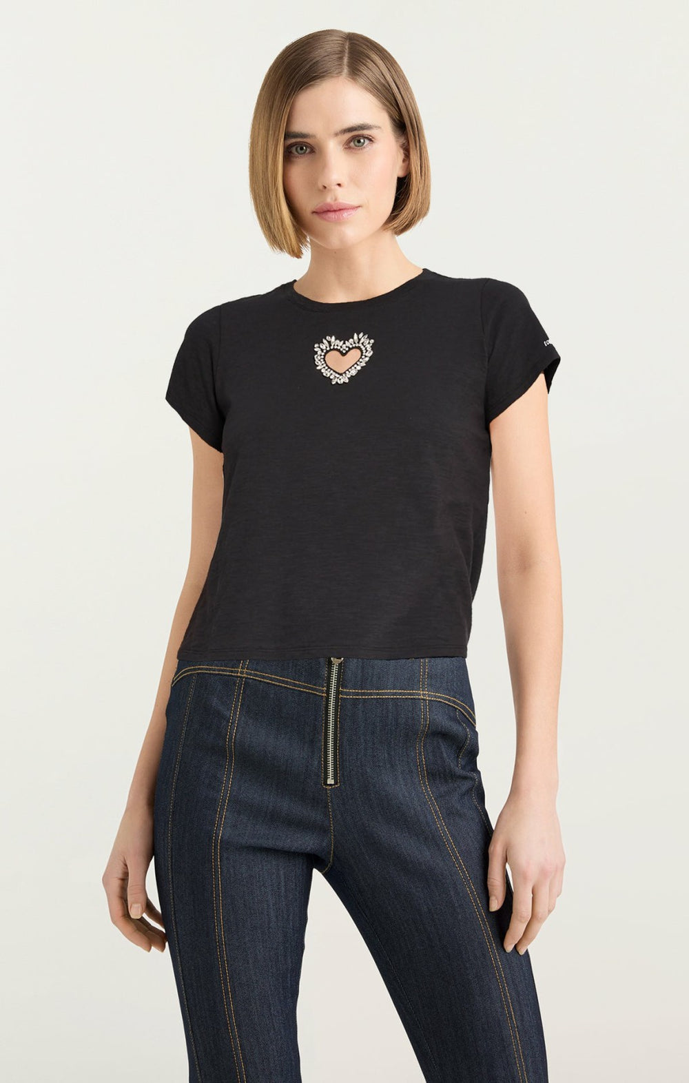 Women Cut Out Rhinestone Heart Tee Black/Crystal