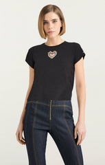Women Cut Out Rhinestone Heart Tee Black/Crystal