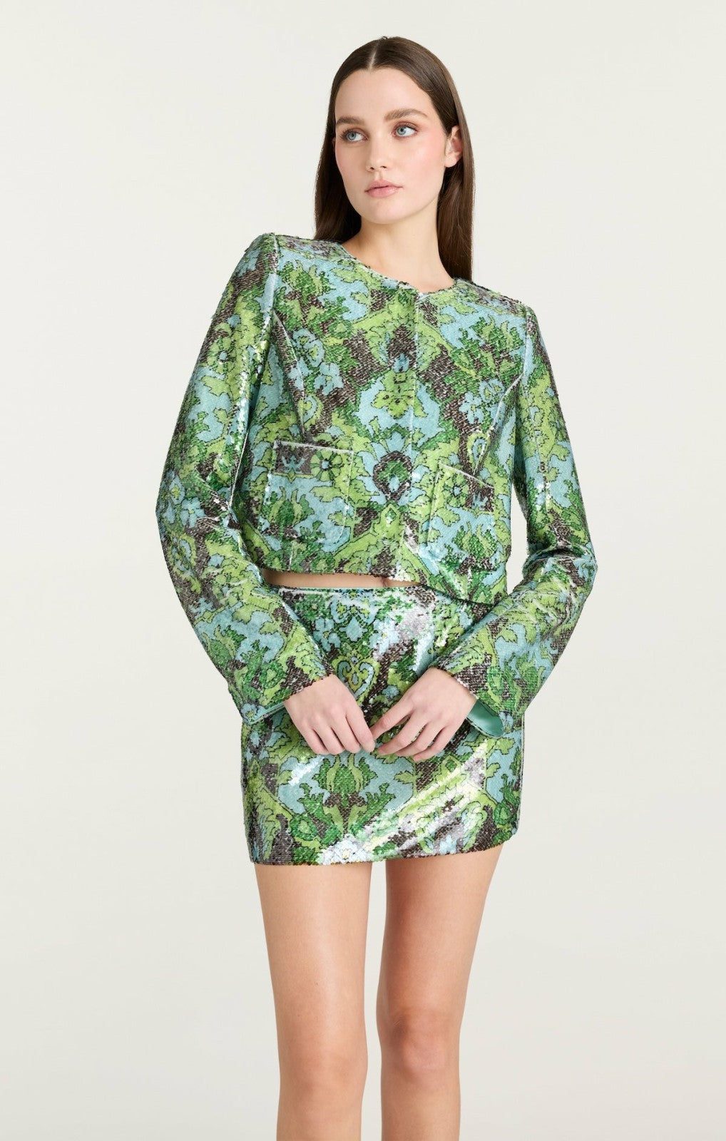 Women Sequin Damask Aspen Jacket Light Cyan Multi