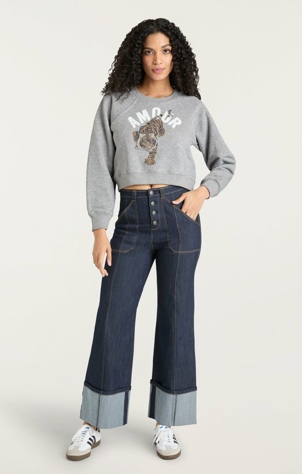 Women Tiger Cropped Jennifer Pullover Heather Grey/Multi