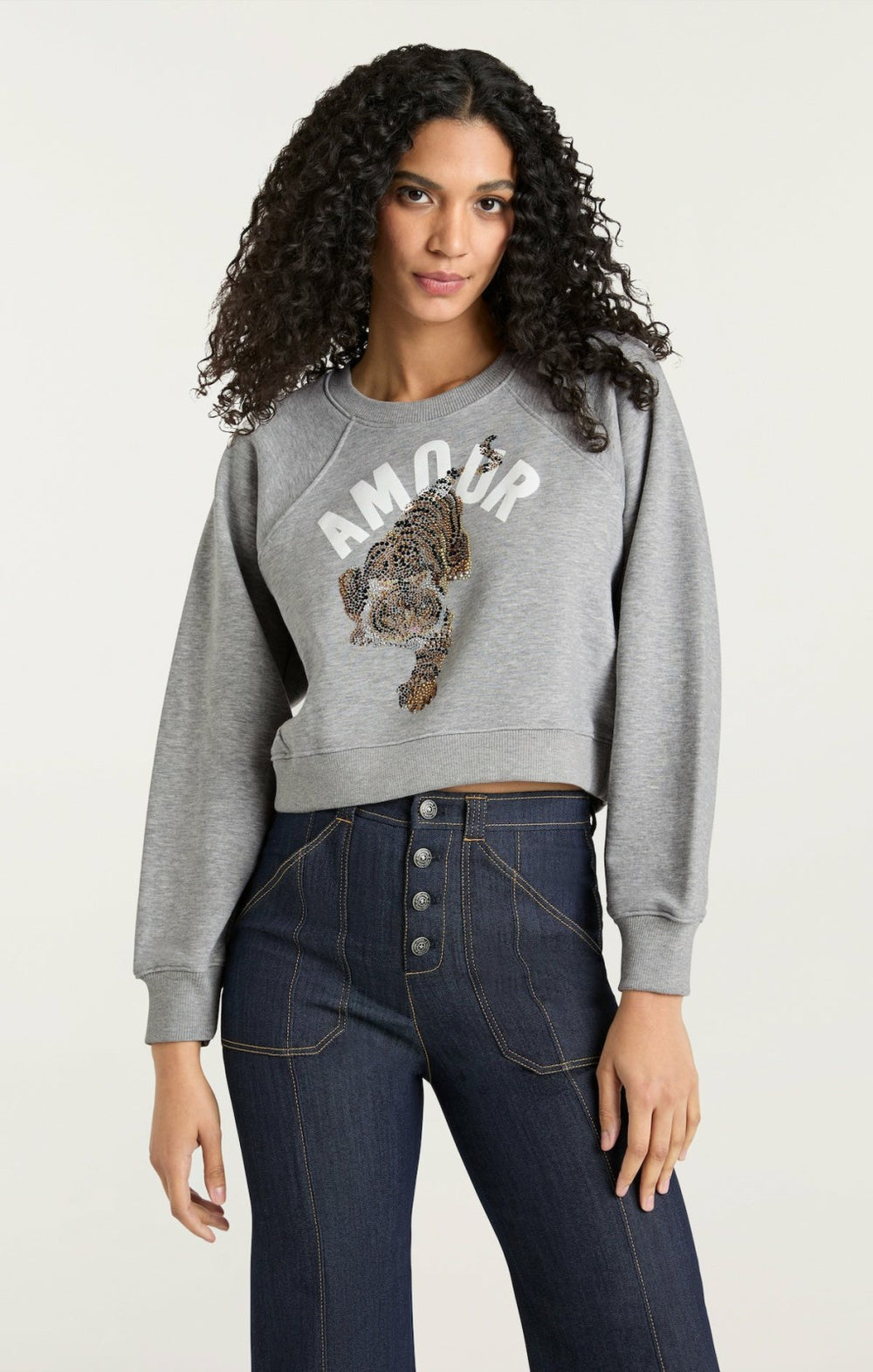 Women Tiger Cropped Jennifer Pullover Heather Grey/Multi