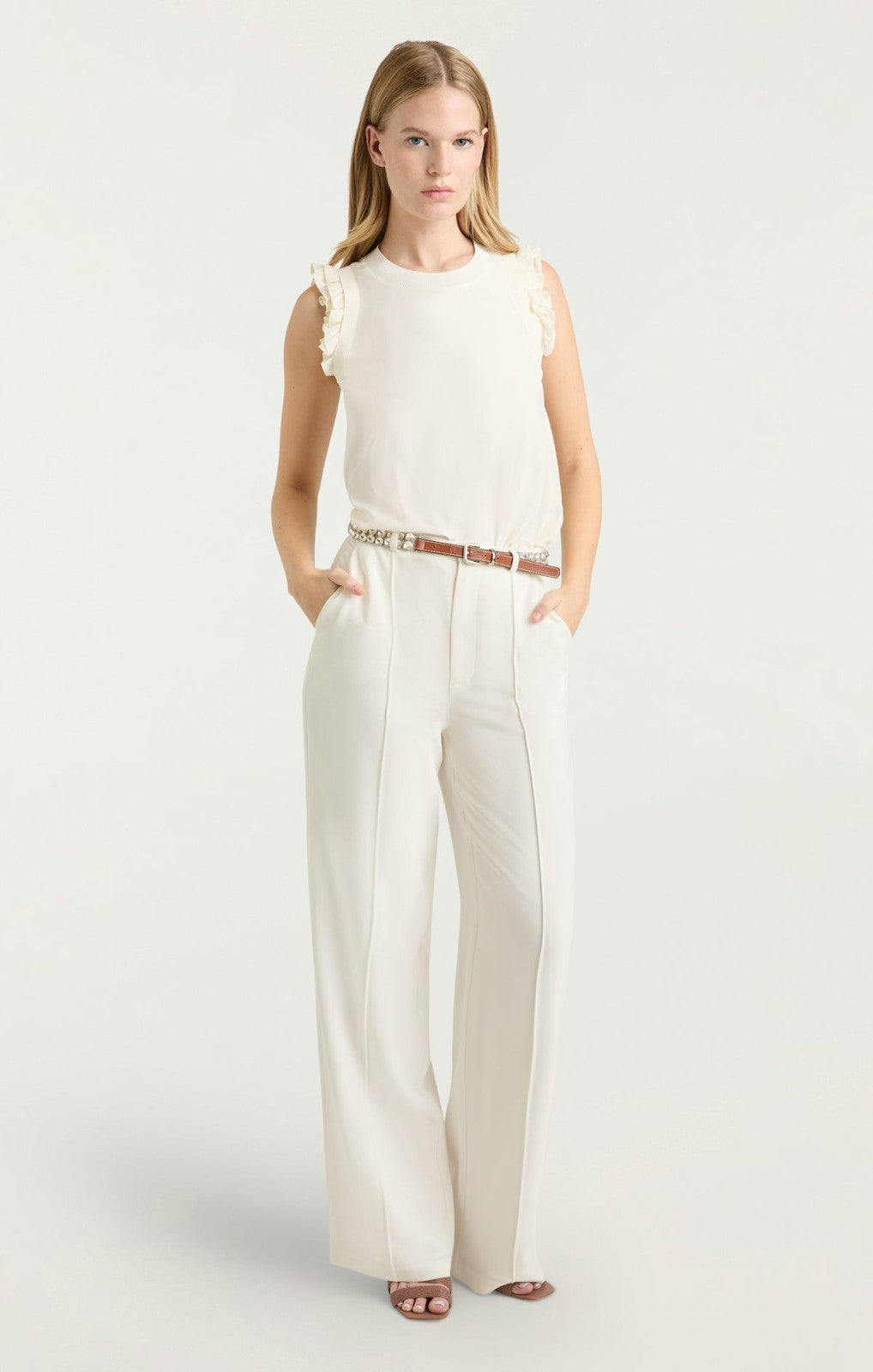 Women Rhinestone Belt Ester Pant Ivory