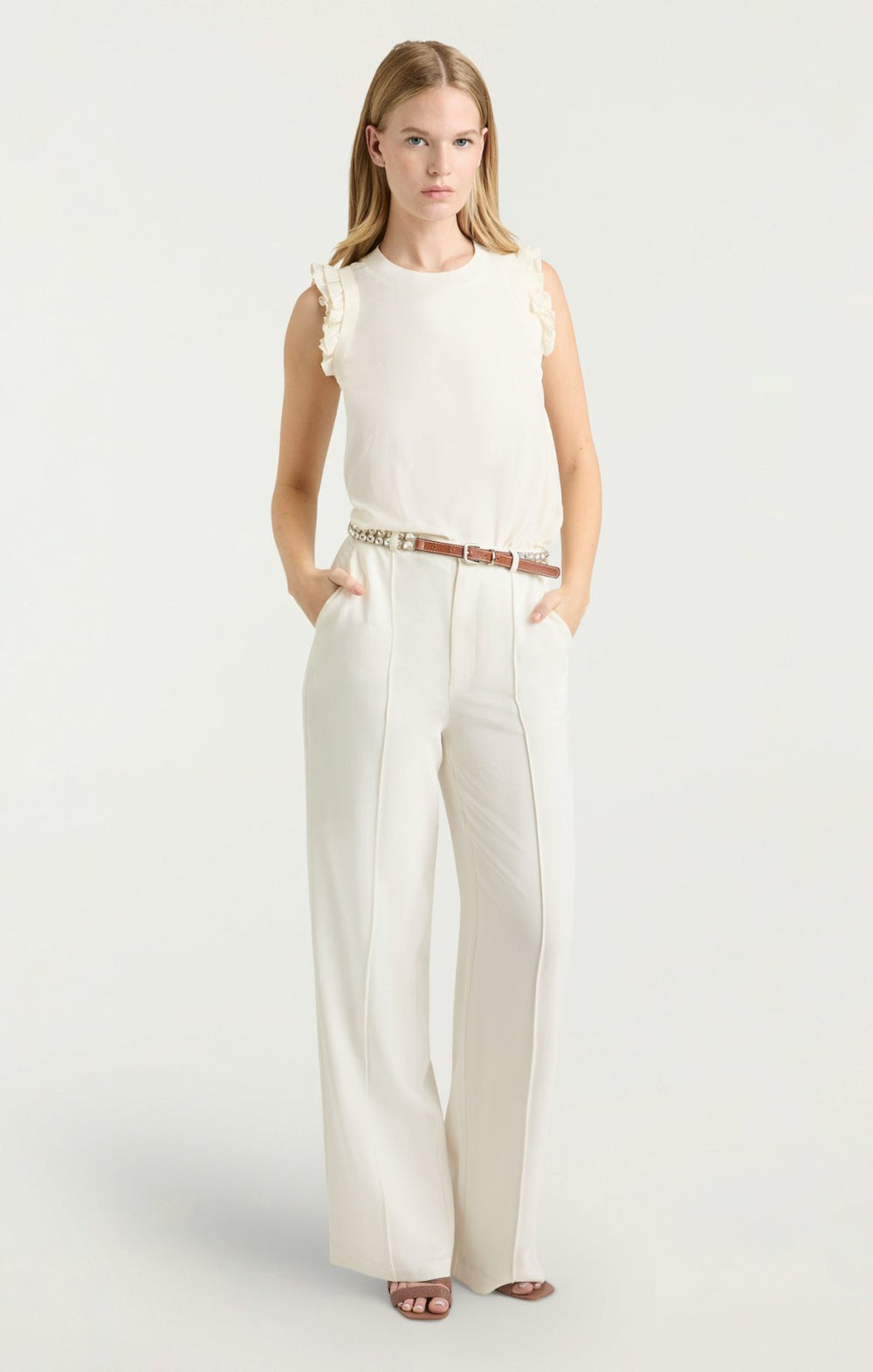 Women Rhinestone Belt Ester Pant Ivory