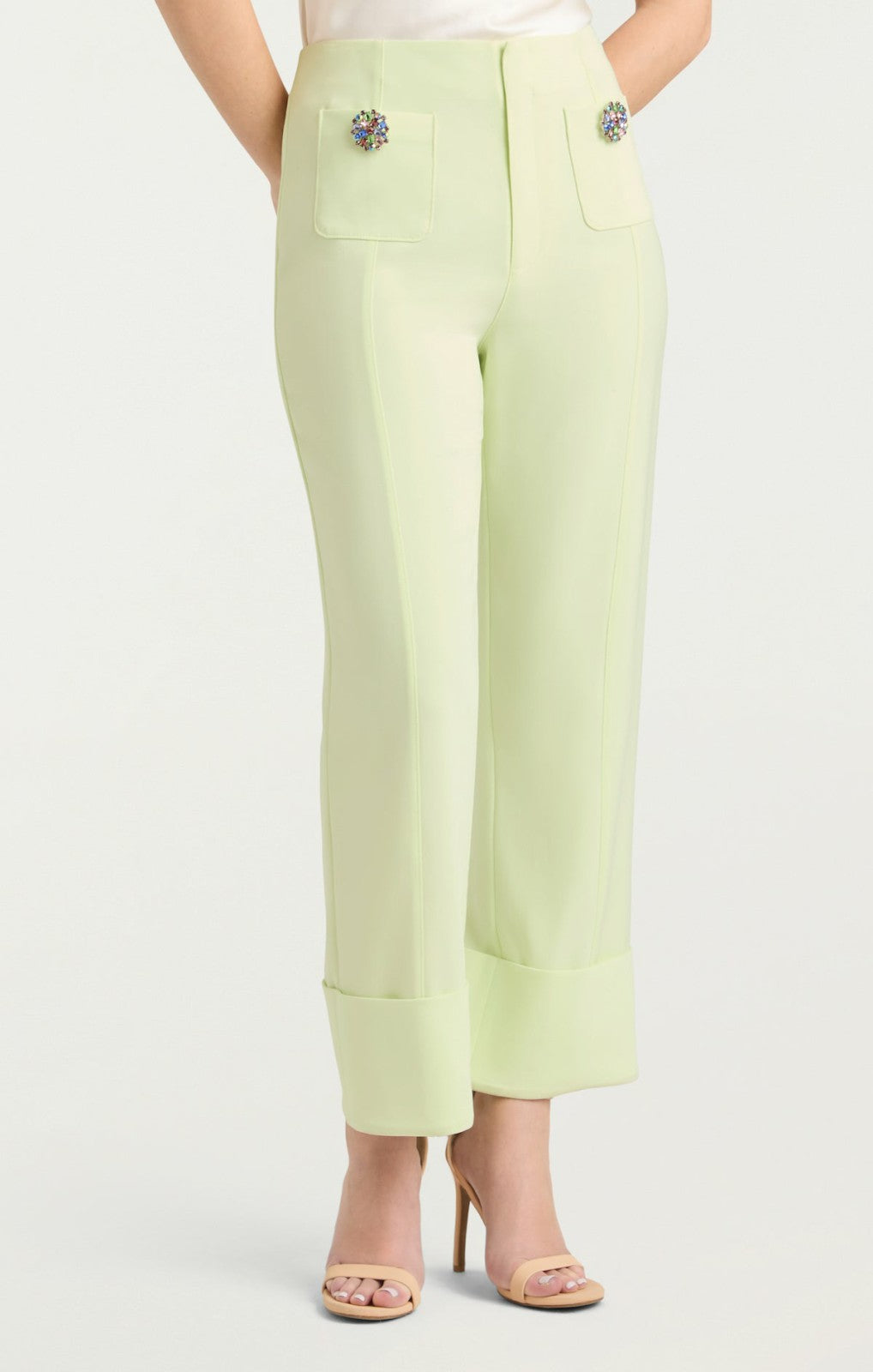 Women Rhinestone Button Pamela Pant Lime Cream
