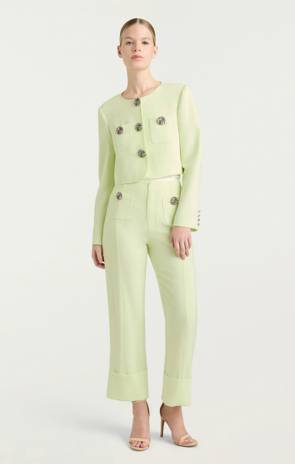 Women Rhinestone Button Pamela Pant Lime Cream