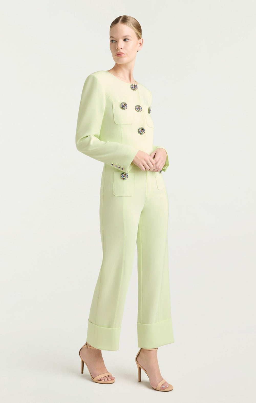 Women Rhinestone Button Pamela Pant Lime Cream