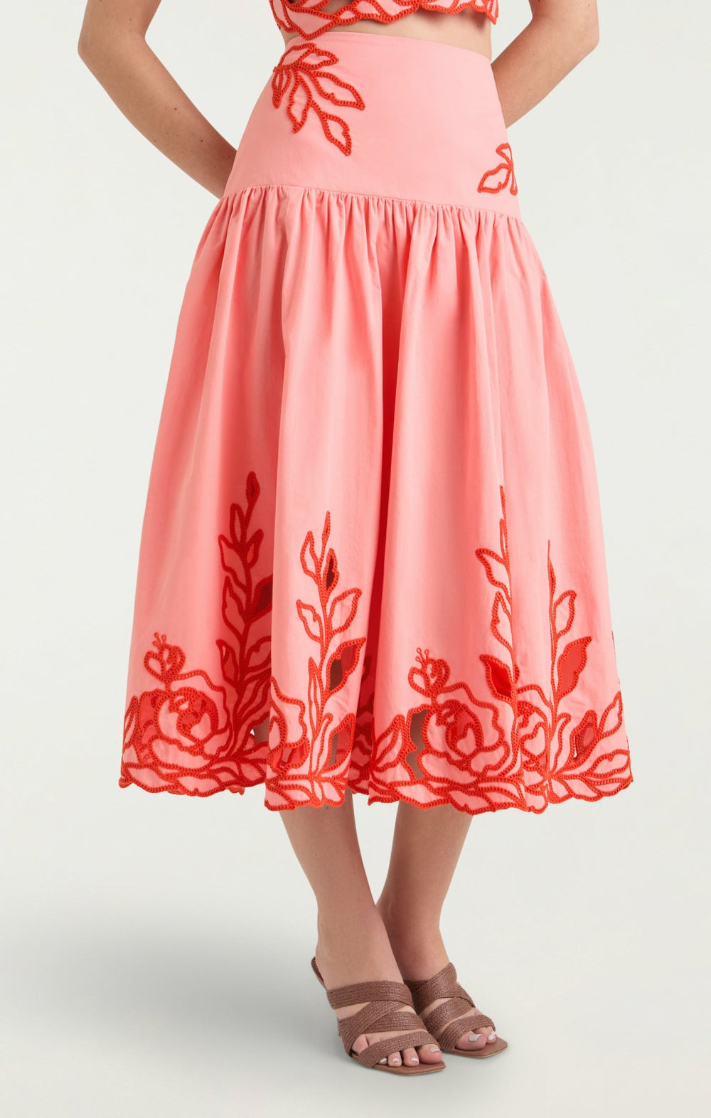 Women Trailing Peonies Tilda Skirt Pink Poppy/Coral Orange