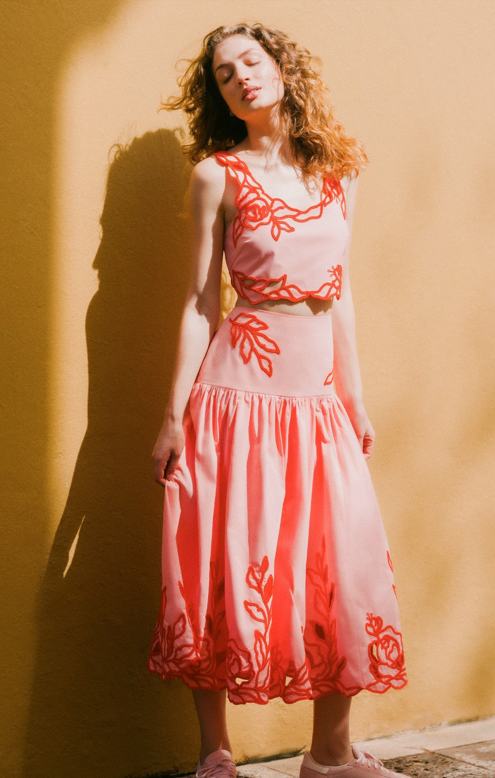Women Trailing Peonies Tilda Skirt Pink Poppy/Coral Orange