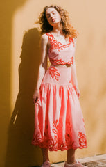 Women Trailing Peonies Tilda Skirt Pink Poppy/Coral Orange