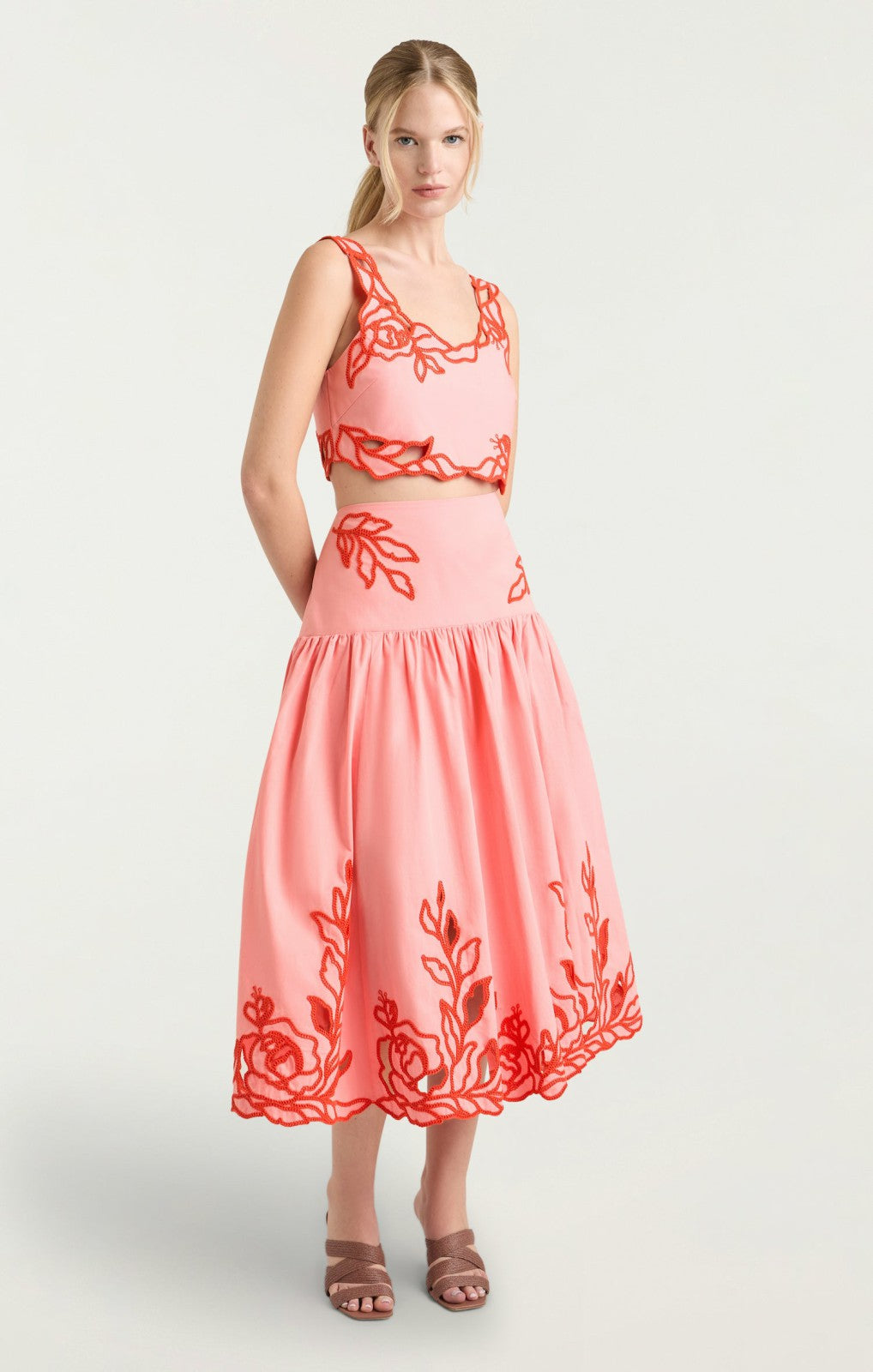 Women Trailing Peonies Tilda Skirt Pink Poppy/Coral Orange