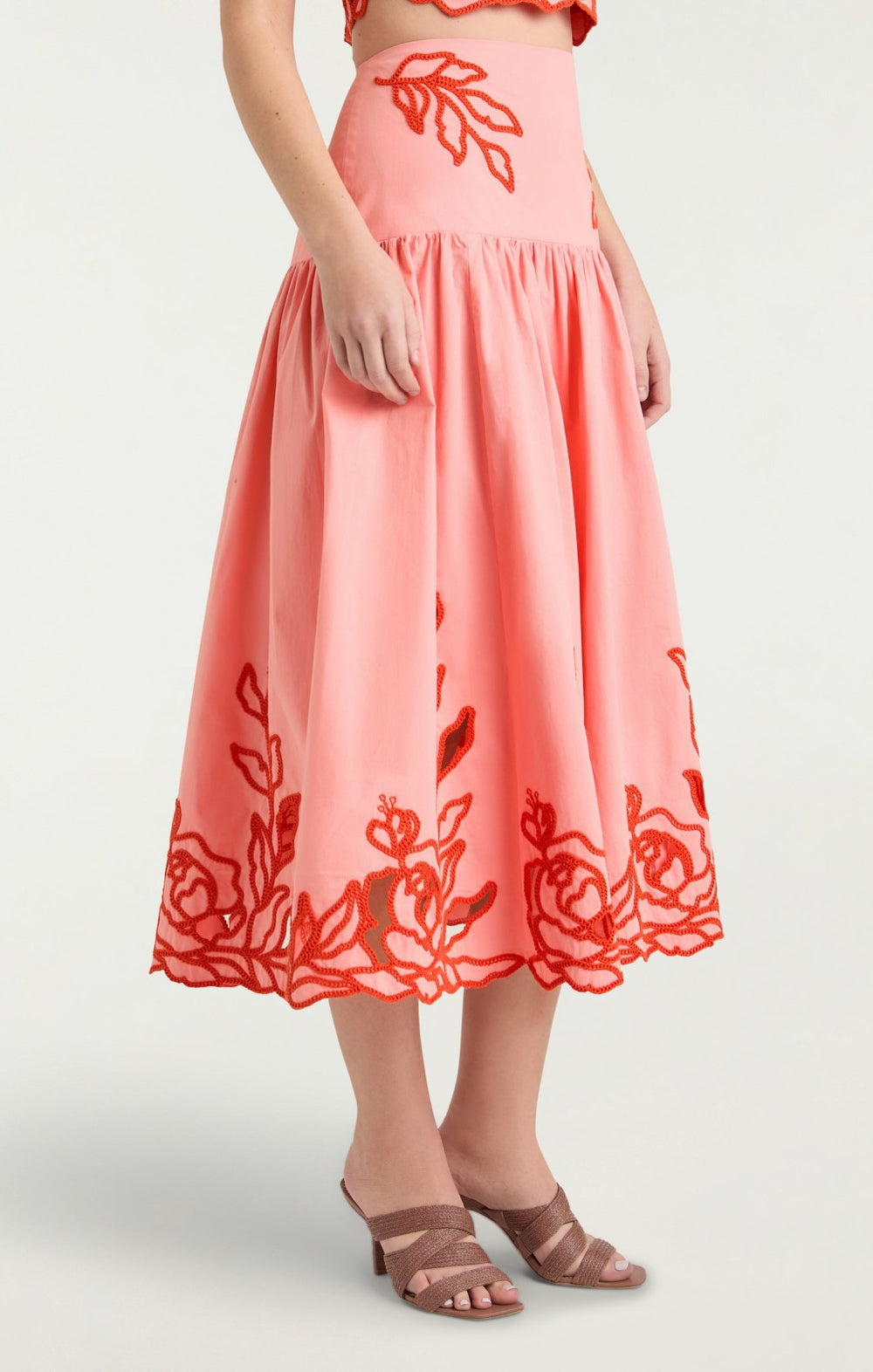 Women Trailing Peonies Tilda Skirt Pink Poppy/Coral Orange