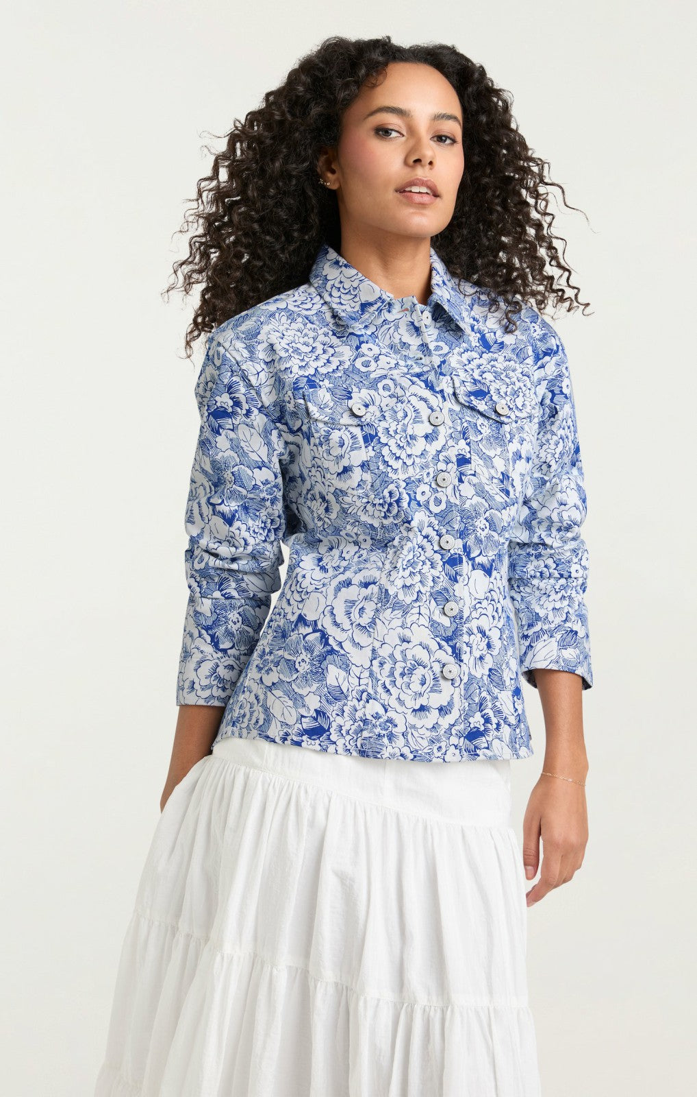 Women Sketchbook Floral Scrunched Canyon Jacket White/Dark Cerulean