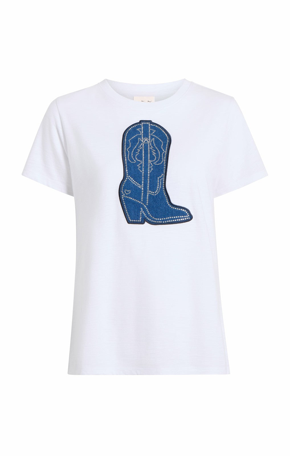 Women Silver Studs Denim Boot Tee White/Indigo