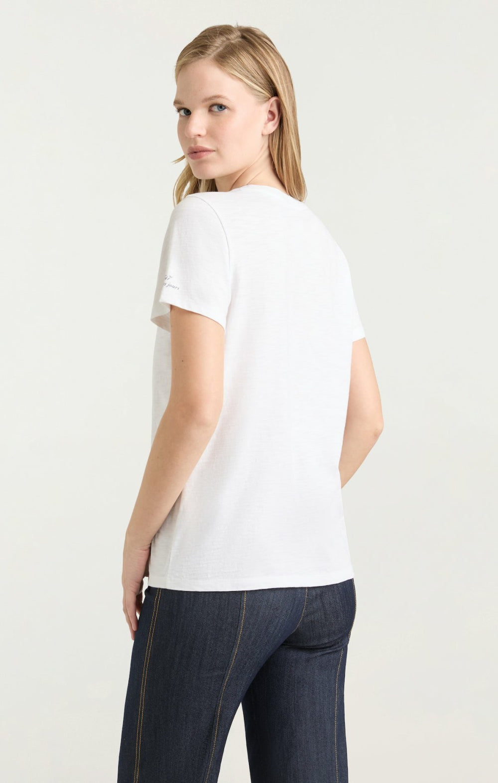 Women Silver Studs Denim Boot Tee White/Indigo