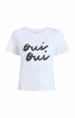 Women Rhinestone Oui Oui Shrunken Tee White/Black