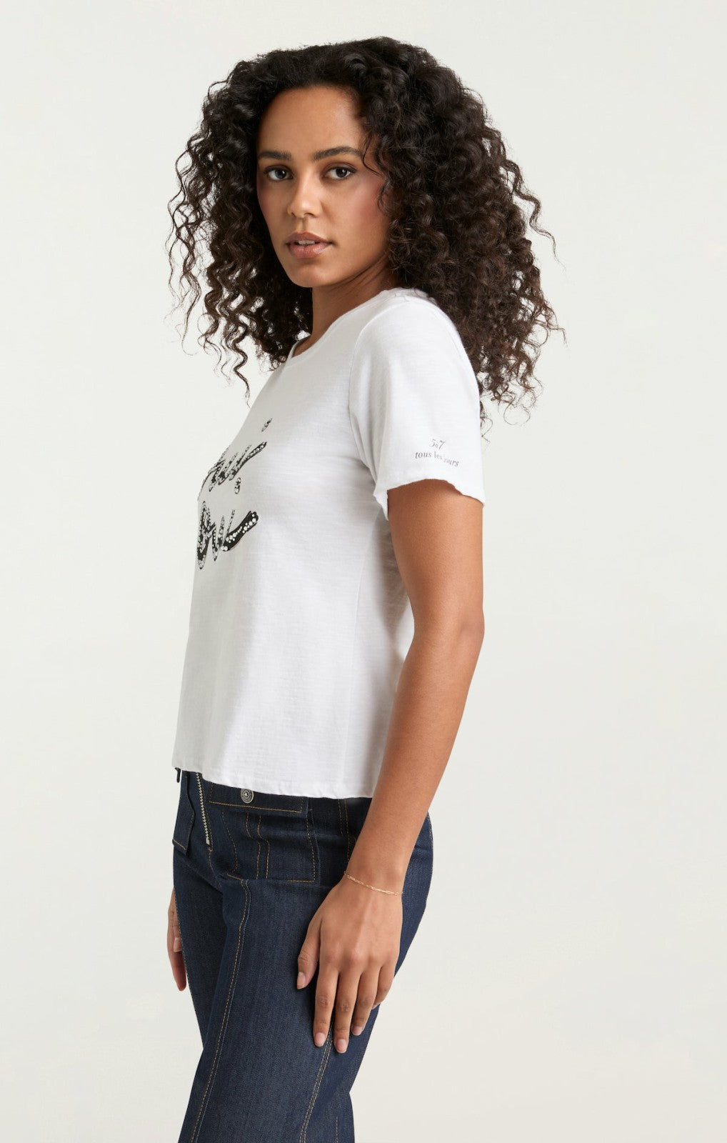 Women Rhinestone Oui Oui Shrunken Tee White/Black