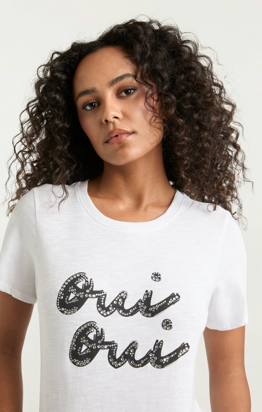 Women Rhinestone Oui Oui Shrunken Tee White/Black