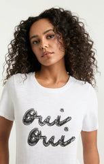 Women Rhinestone Oui Oui Shrunken Tee White/Black