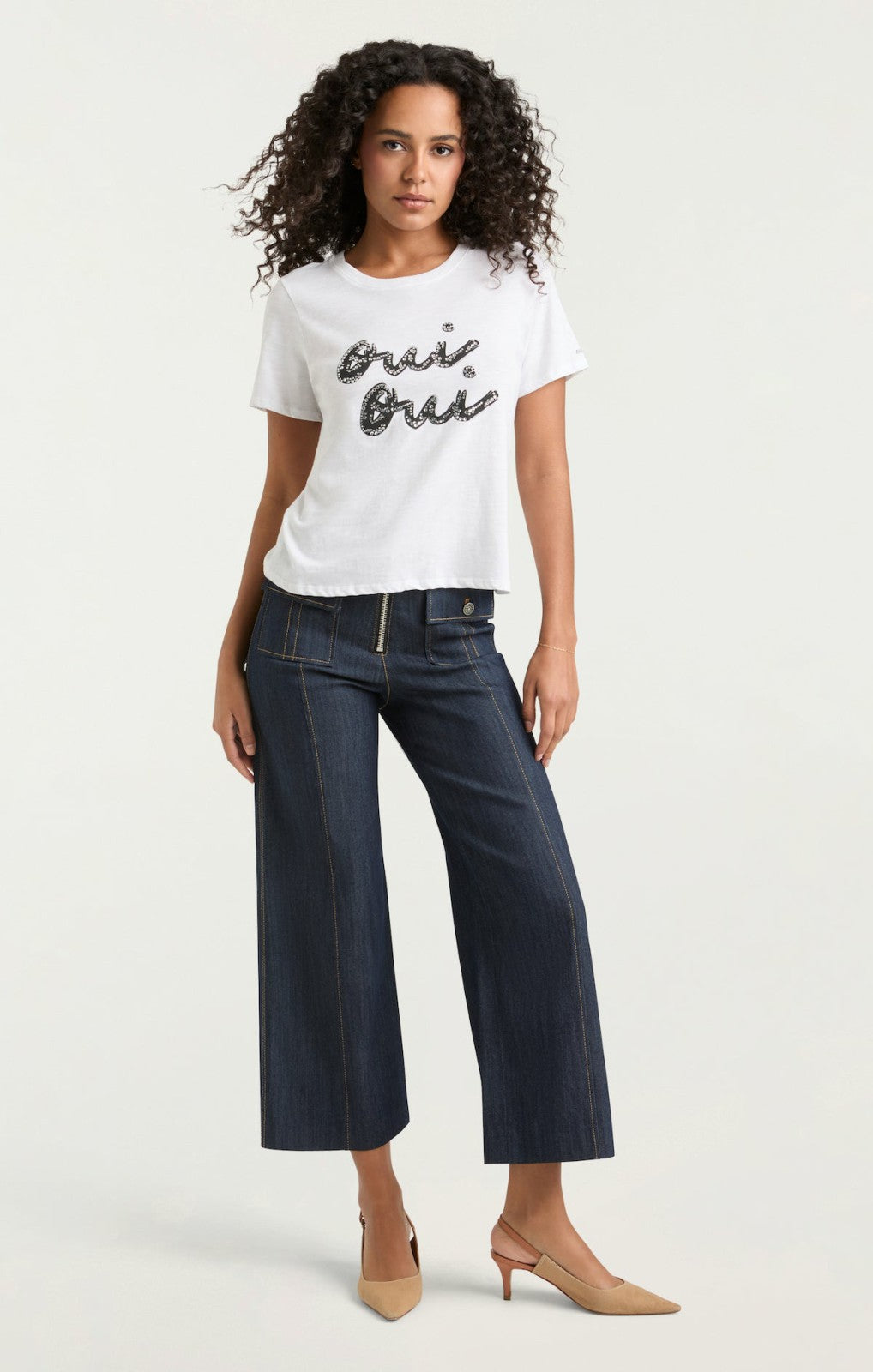 Women Rhinestone Oui Oui Shrunken Tee White/Black