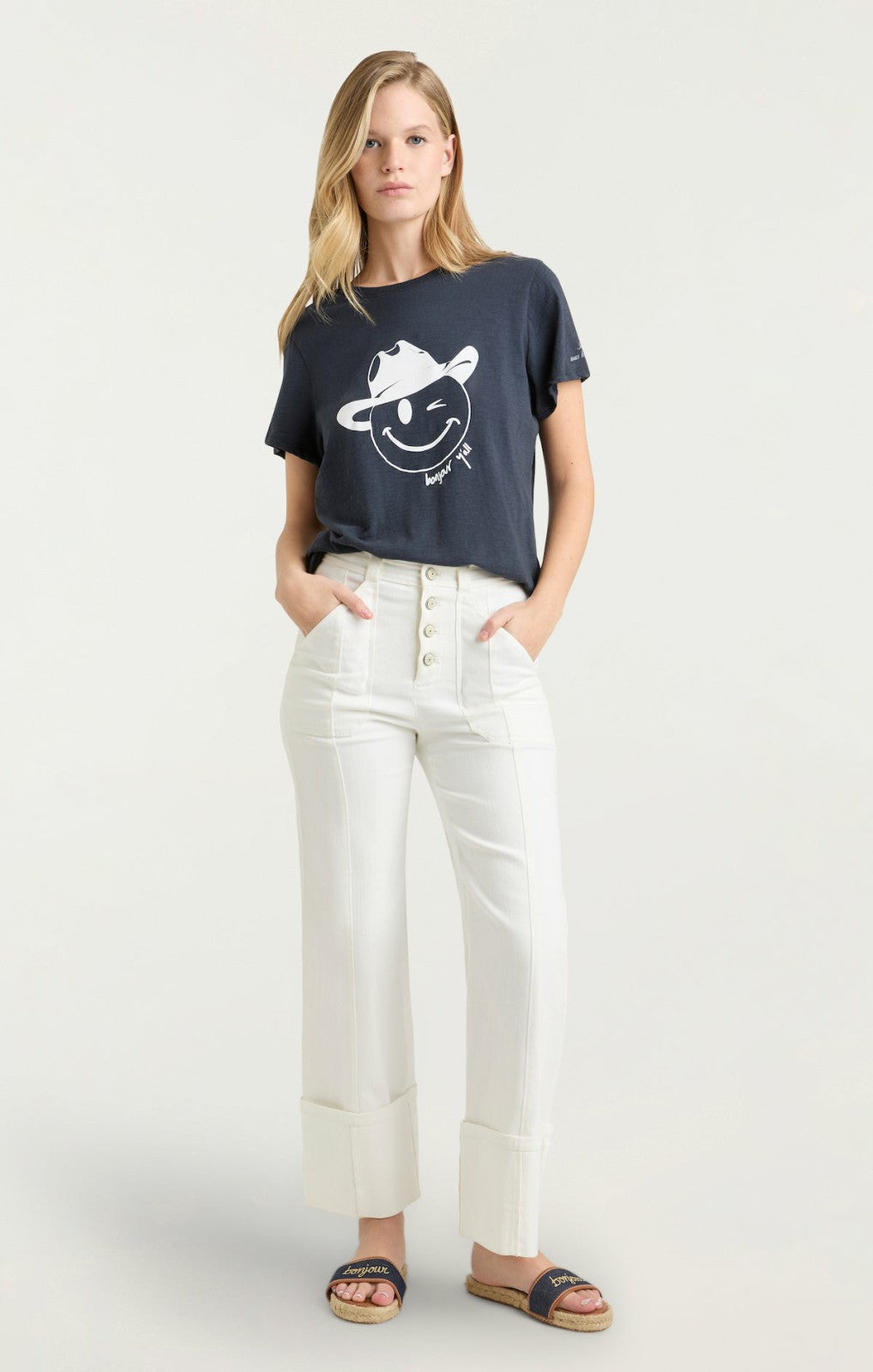 Women Bonjour Y'all Smiley Tee Navy/White