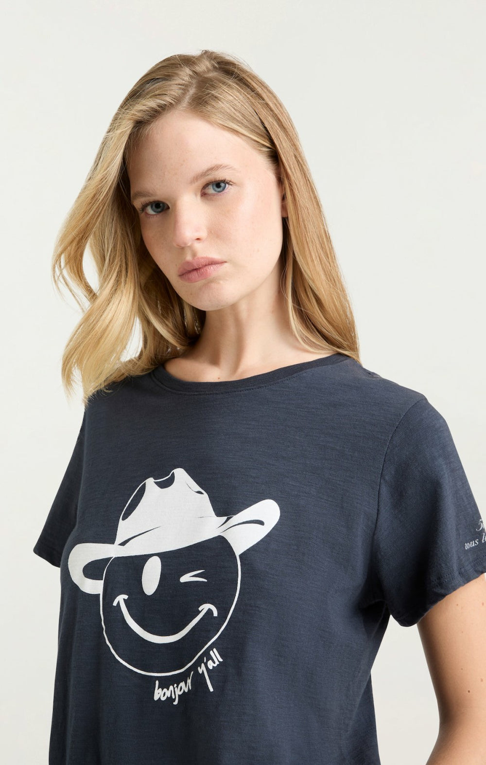 Women Bonjour Y'all Smiley Tee Navy/White