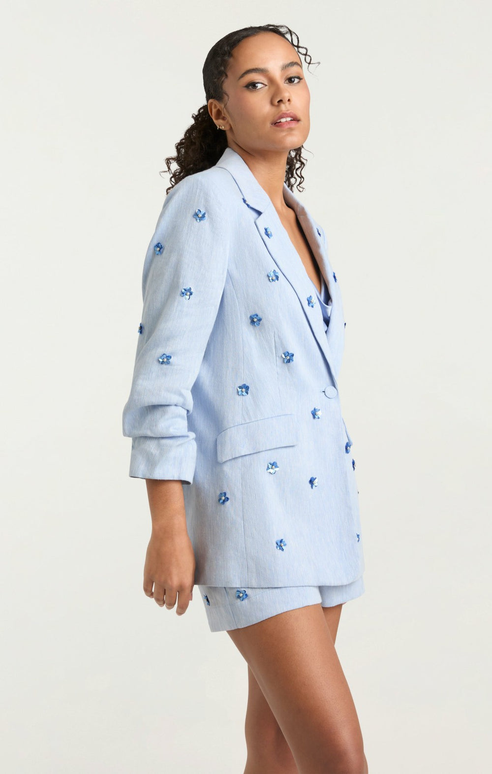 Women Linen Suiting Pearl Ditsy Kylie Blazer Blue Hydrangea