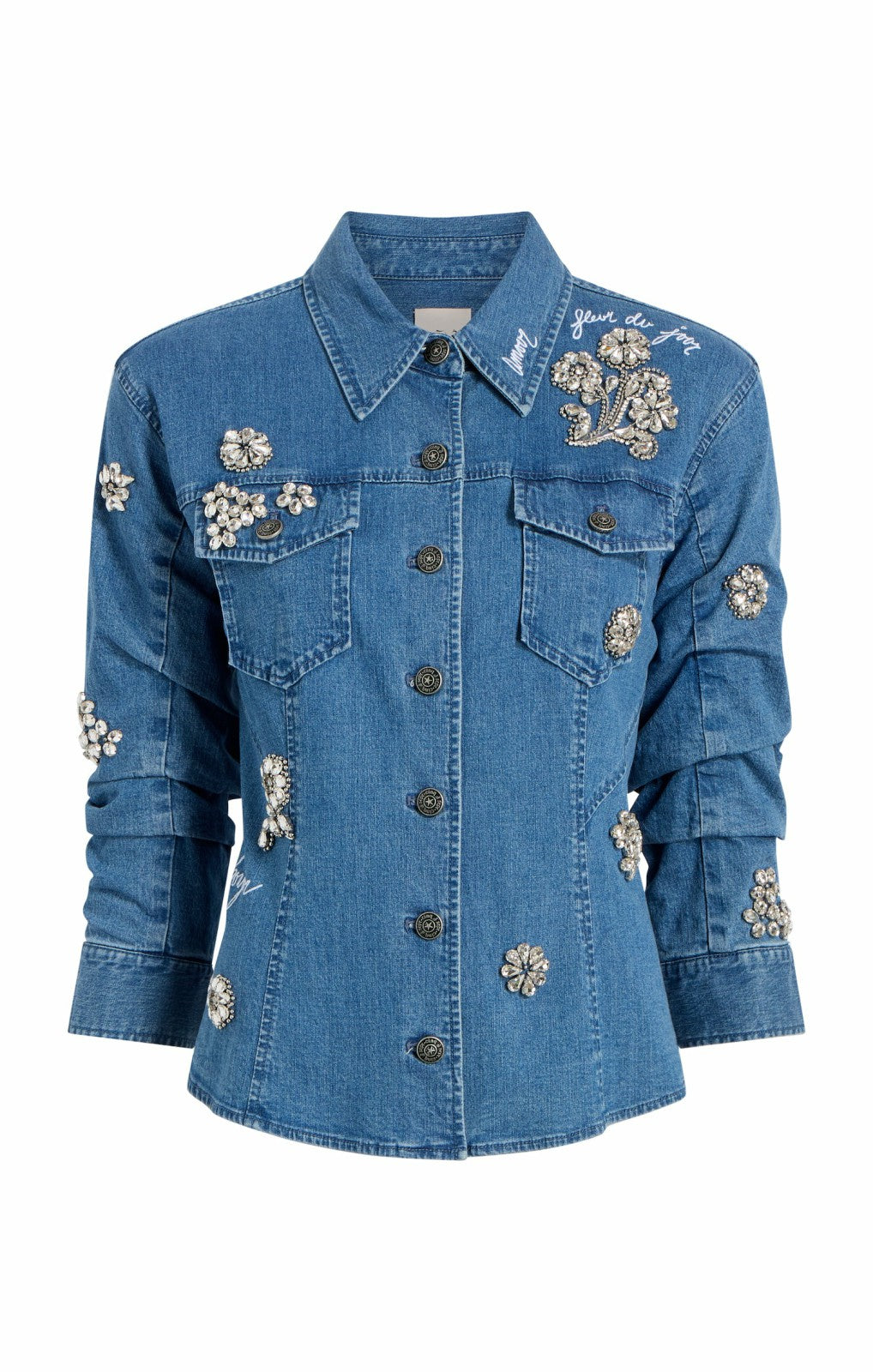 Women Crystal Ditsy Floral Scrunched Jacket Light Wash
