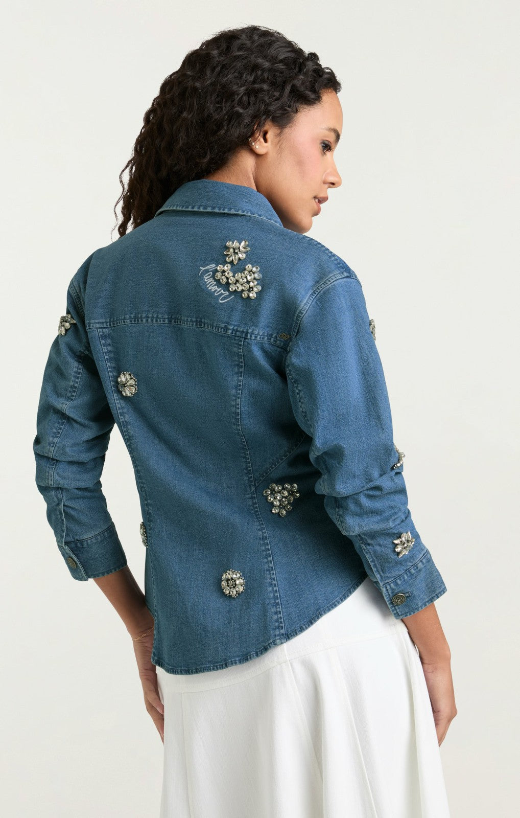 Women Crystal Ditsy Floral Scrunched Jacket Light Wash