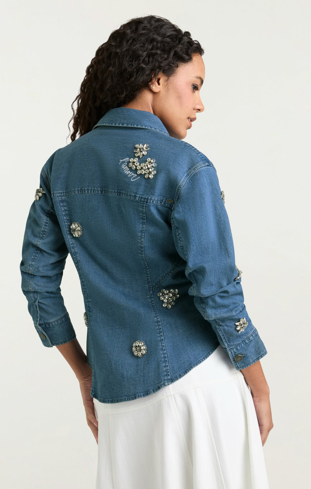 Women Crystal Ditsy Floral Scrunched Jacket Light Wash