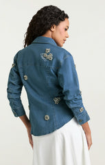 Women Crystal Ditsy Floral Scrunched Jacket Light Wash
