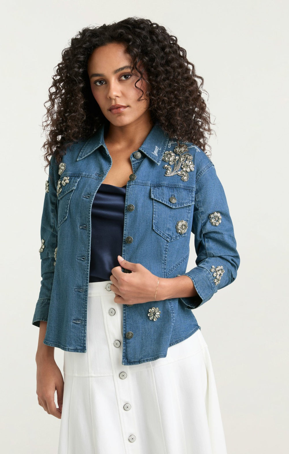 Women Crystal Ditsy Floral Scrunched Jacket Light Wash