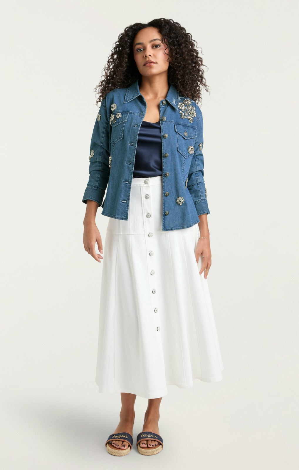 Women Crystal Ditsy Floral Scrunched Jacket Light Wash