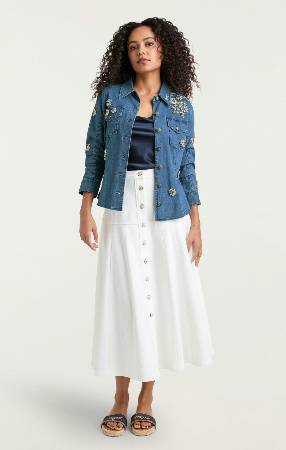 Women Crystal Ditsy Floral Scrunched Jacket Light Wash
